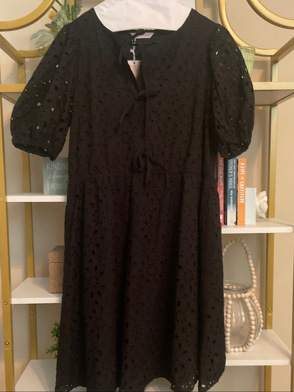 Black Eyelet Puff Sleeve Dress